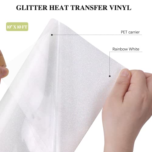 HTVRONT Rainbow White Glitter Heat Transfer Vinyl Roll - 10" x 10 FT White Glitter Iron on Vinyl, White Glitter HTV Vinyl for Shirts - Easy to Cut & Weed
