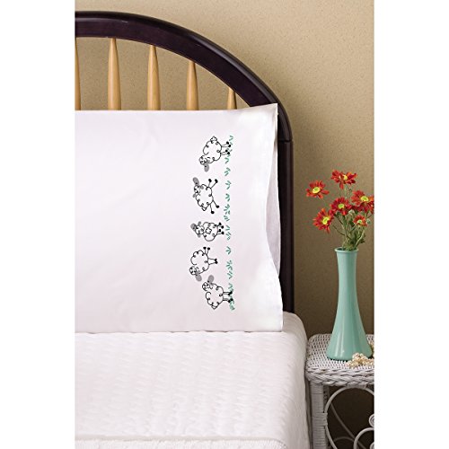 Design Works Crafts Tobin 20" x 30" Stamped Pillowcases for Embroidery, Running Sheep, White