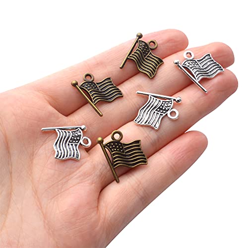 60pcs American Flag Charms Pendant Alloy Flag Bead Charms Craft Supplies for DIY Necklace Bracelet Jewelry Making Findings Accessory,Antique Silver and Antique Bronze