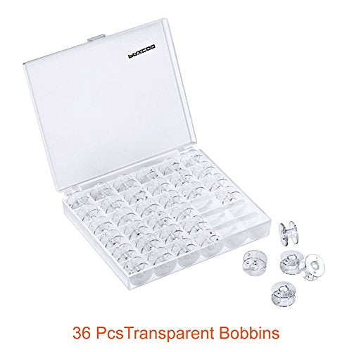PAXCOO 36 Pcs Transparent Plastic Sewing Machine Bobbins with Case and Soft Measuring Tape for Brother Singer Babylock Janome