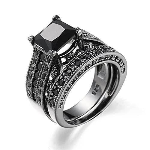 TZ Way 925 Sterling Silver Black Gem Ring Cocktail Rings Square Cut Black Onyx Marcasite Cubic Zirconia Promise Rings Set CZ Eternity Engagement Wedding Band Ring Sets for Women TZ.108 (US Code 8)