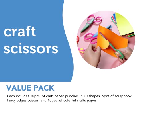 Incraftables 6pcs Decorative Pattern Edge Craft Scissors 10pcs Small Paper Hole Punch Shapes 10pcs Colorful Papers. Best for Fun DIY Scrapbooking Crafting Projects for Kids Adults.