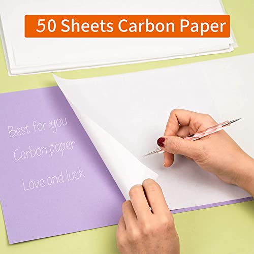 50 Sheets Carbon Paper White Graphite Paper Transfer Tracing Paper and 5 Pieces Ball Embossing Styluses for Wood, Paper, Canvas and Other Art Craft Surfaces (White-50)