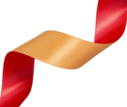 YASEO Double-Sided Two-Tone Ribbon, 20 Yards 1 Inch Double Faced Orange Gold and Hot Red Satin Ribbon for Christmas, Wedding, Birthday, Gift Wrapping and Party Decor