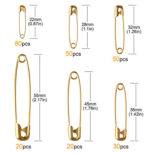 LUTER 250 Pieces 6 Sizes Safety Pins Large and Small Safety Pins Durable, Rust-Resistant for Art Craft Sewing Jewelry Making Home Office Use (Gold)