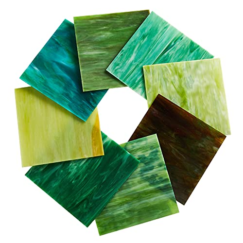 MaxGrain 6x6 inch Stained Glass Sheets Green Variety Mixed Colors Opaque Glass Packs Mosaic Art Glass for Art Crafts, 8 Sheets
