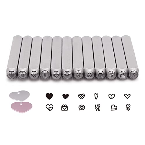 Tlimus Jewelry Metal Stamp Set, 12 Heart-Shaped (Love) Metal Design Stamps, 12 Steel Stamp Heart-Shaped Punch Set Comes with Three Homemade Aluminum Plates, Metal Punch for Jewelry