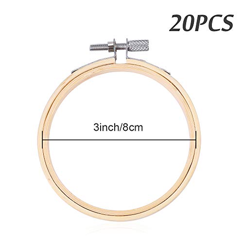 Caydo 20 Pieces 3 Inch Bamboo Embroidery Hoops Round Wooden Circle Cross Stitch Hoop Round Ring for Art Craft Handy Sewing