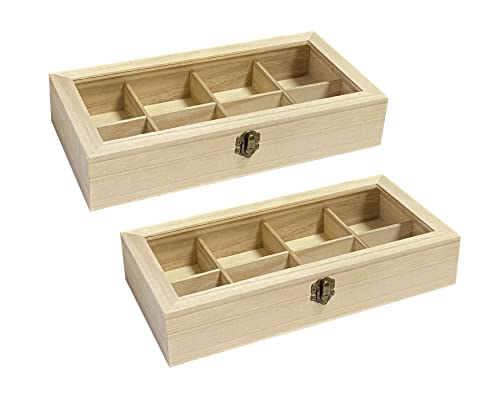 Cregugua 2 Pack Unfinished Wooden Box with Glass Lid, Wood Jewelry Storage Tray Box ,8 Compartment Organizer 12.6 x 6.3 x 2.4 In