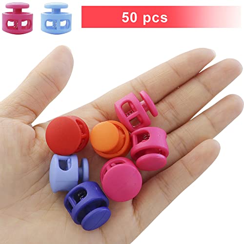 NODG 50 Pcs Assorted Colors Lanyard String Cord Clips Plastic Round Ball Shape Fastener Slider Toggles Clip Spring Cord Lock End Round Toggle Stoppers for Drawstrings Bags Shoelaces Backpacks