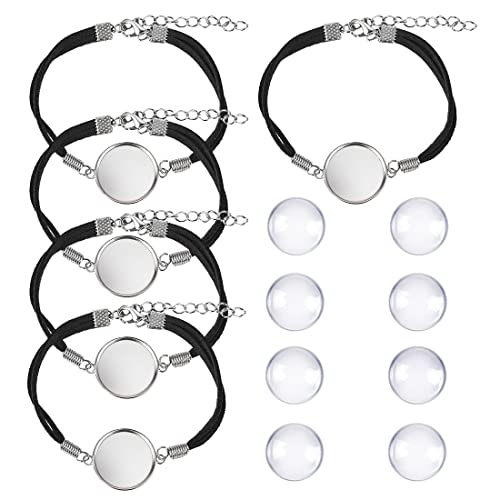 DROLE 40Pcs 25mm Adjustable Bracelet Blanks Kit-20Pcs Leather Bracelet Chain Blanks and 20Pcs 25mm Clear Glass Cabochons for Jewelry Making Black Chain White K Cabochon Trays Black-Silver Base