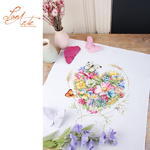 LanArte Cross Stitch Embroidery Kits for Adults, Cross Stitch Preprinted with Embroidery Pattern on 100% Cotton and Embroidery Thread, 12,21 x 13,78 Inches - 31 x 35 cm, Heart of Flowers