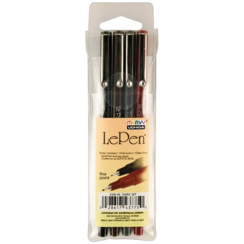Uchida of America 4-Piece 0.3 Point Size Le Drawing Pen Set Art Supplies, 4 Count (Pack of 1), Dark Colors