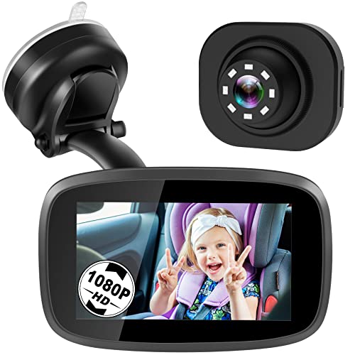 1080P Baby Car Mirror, Shybaby 4.3'' Baby Car Camera Monitor 170° Wide View, HD Night Vision Function and Reusable Sucker Bracket, Safety Rear Facing Car Set Camera Infants Kids Toddlers Black