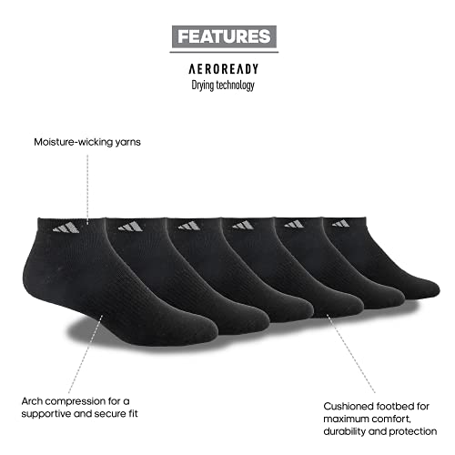 adidas Men's Athletic Cushioned Low Cut Socks (6-Pair), Black/Aluminum 2, Large