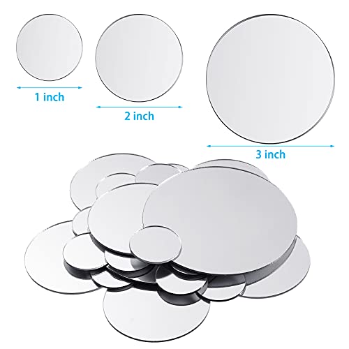 100 Pieces Mini Size Round Mirror Small Round Mirror Adhesive Mirror Round Craft Mirror Tiles for Crafts and DIY Projects Supplies, 1 Inch, 2 Inch, 3 Inch (Silver）