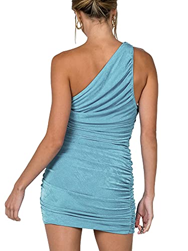 LYANER Women's Sexy One Shoulder Ruched Sleeveless Bodycon Mini Short Dress Sky Blue X-Small