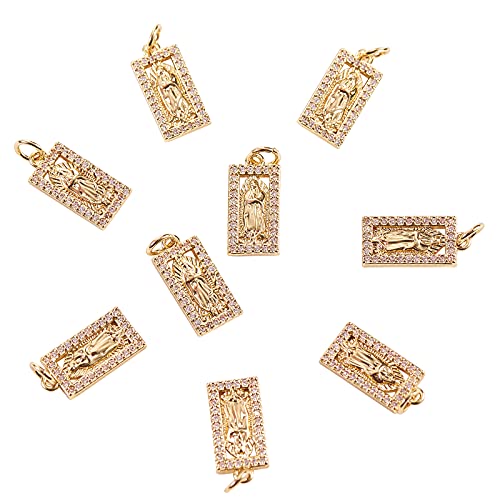 Airssory 10 Pcs Golden Plated Rectangle with Virgin Mary Charm Brass Micro Pave Clear Cubic Zirconia Pendants for Jewelry Making DIY Craft - 17x8mm