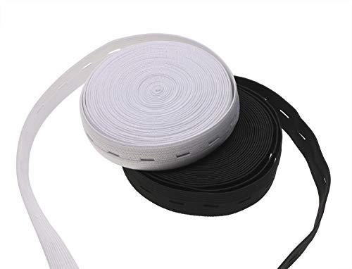 2 Colors Elastic Sewing Bands 11 Yards 3/4 Inch Flatback Black and White Sewing Bands Spool with Buttonhole, Knit Stretch Cord Belt with 10Pcs 18mm Black Resin Button (3/4")
