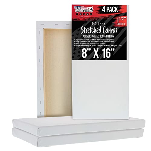 U.S. Art Supply 8" x 16" Gallery Depth 1-1/2" Profile Stretched Canvas 4-Pack - Acrylic Gesso Triple Primed 12-Ounce 100% Cotton Acid-Free Back Stapled Pouring Art