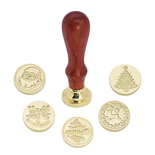 SWANGSA Wax Seal Stamp Set, Vintage 6 Pieces Christmas Sealing Wax Stamp Heads + 1 Wooden Handle Sealing Stamp Kit (Christmas Set)