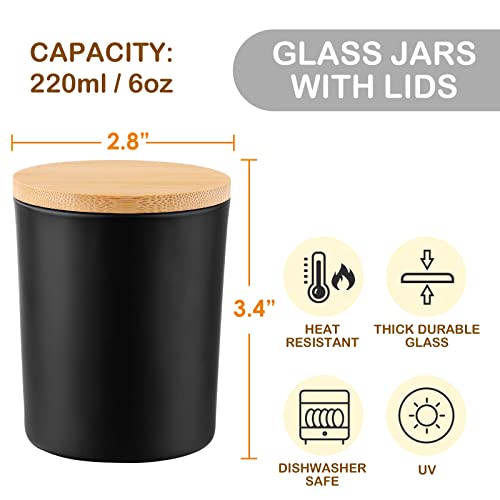 GOTIDEAL 12 Pack 6 OZ Frosted Black Candle Jars with Bamboo Lids for Making Candles Supplies, Bulk Empty Candle Containers Tins Small Glass Jars for Candle Soy Wax