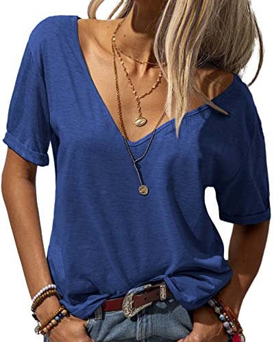 Danedvi Women Fashion Deep V-Neck Short Sleeve Tops Solid Casual Loose Basic T Shirt Royal Blue