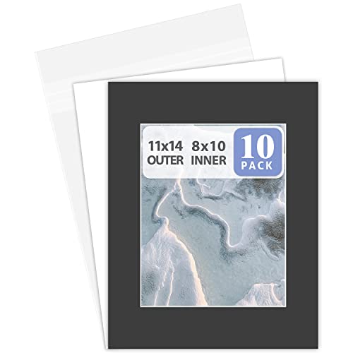 Golden State Art, Pack of 10 Black Pre-Cut 11x14 Picture Mat for 8x10 Photo with White Core Bevel Cut Mattes Sets. Includes 10 Acid-Free Bevel Cut Mats & 10 Backing Board & 10 Clear Bags