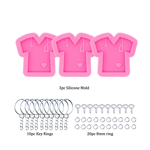 AMZTOART 3pc T-Shirt Resin Phone Grip Molds, Silicone Grippy Nurse Shirt Mold Fits on A 1.5 Inch Badge Reel with 10Pc Key Ring (DY0332+DY0332+DY0332+PJ)