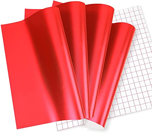 Matte Metallic Permanent Vinyl for Cricut, 5 Pack Permanent Vinyl Bundle， 4 PCS 12"x12" Metallic Red Vinyl Sheets & 1 Transfer Tape，Adhesive Vinyl Sheets for Indoor and Outdoor