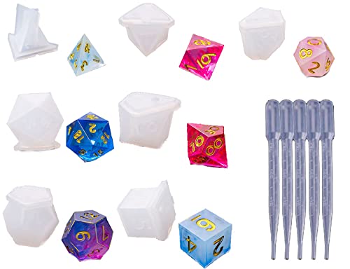 Silicone Resin dice molds for Resin Casting DND,Epoxy polyhedral dice Mold Set d&d Making kit,Fillet Square Triangle Dice Mold Digital Dice Games for Families Handmade Craft Tool(7Pcs)