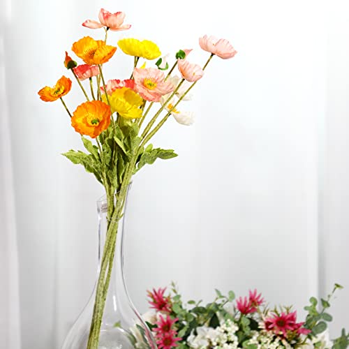 6 Pcs Silk Artificial Poppy Faux Poppy Spring Flowers for Home Kitchen Wedding Decorations Floral Arrangement Table Centerpieces Vase Bouquet (Mixed Colors)