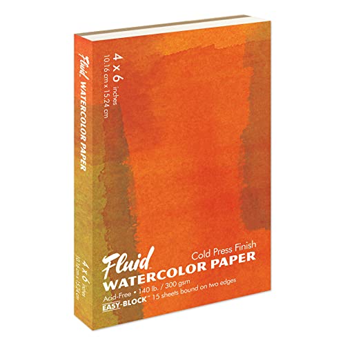 Fluid Artist Watercolor Block, 140 lb (300 GSM) Cold Press Paper Pad for Watercolor Painting and Wet Media with Easy Block Binding, 4 x 6 inches, 15 White Sheets