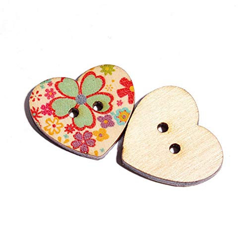 AKOAK 50 Pack 25MM 2-Hole Mixed Flower Pattern Printed Wooden Peach Heart Shaped Buttons Wood Sewing Buttons DIY Scrapbooking Clothe Buttons