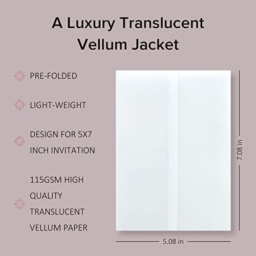 200 Pack Pre-Folded Vellum Jackets for 5x7 Invitations - Vellum Paper 5x7 Jackets - 115GSM Vellum Wedding Invitations Wraps - Transparent Wedding Invitations Jacket