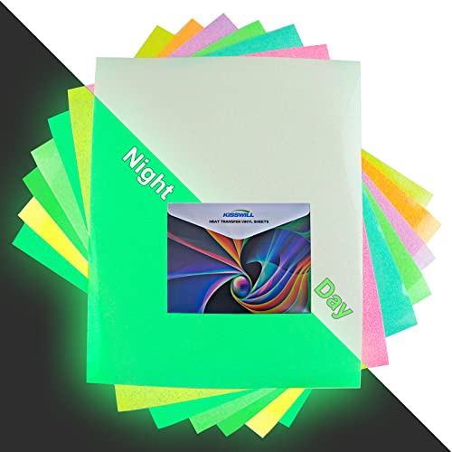 KISSWILL Glitter Heat Transfer Vinyl Glow in The Dark HTV Iron on Vinyl - 7 Sheets 12" X 10" Assorted Neon Colors PU Luminous HTV Vinyl Bundle Sheet for T-Shirts DIY