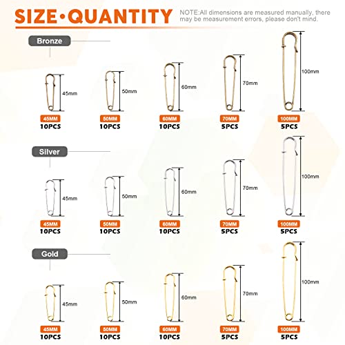 Rustark 120Pcs 5 Sizes Premium Heavy Duty Large Safety Pins for Blankets, Sweater, Scarf, Kilts, Clothes and DIY Crafts Making (Silver Gold Bronze)