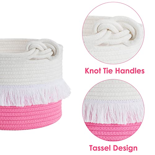 CherryNow Small Rope Basket – 9.5'' x 7'' Pink Decorative Woven Basket for Nursery, Toys, Blankets, Books and Keys, Cute Tassel Decor for Girl - Home Storage Container