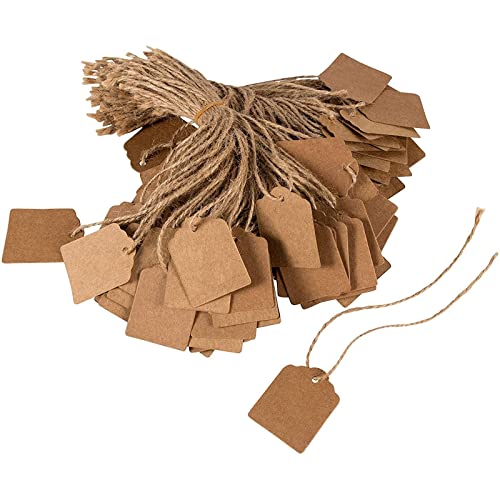 1000 Pack Paper Tags with Jute String Attached for Gift Bags, Hanging Price Labels (Brown, 1 x 2 in)