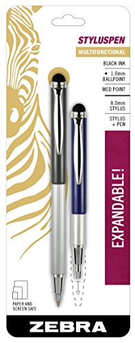 Zebra Pen StylusPen Telescopic Ballpoint Pen, Medium Point, 1.0mm, Black Ink, Grey and Navy Barrels, 2-Count