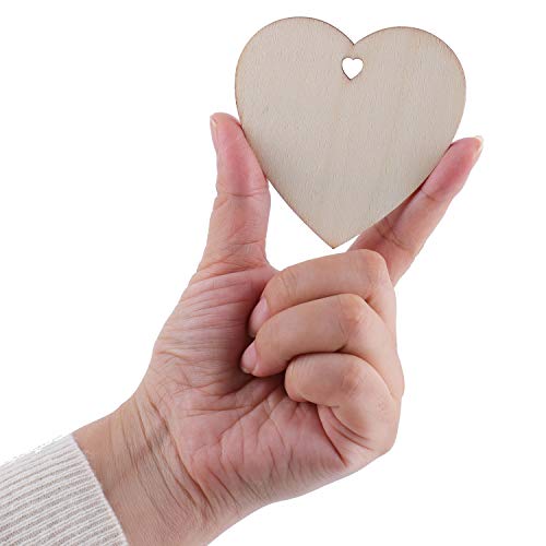 Tosnail 100 Pieces 3 Inches Wooden Hearts Unfinished Wooden Heart Slices Discs Cutout Pieces Heart Tags with Holes and 100 Jute Strings for Hanging