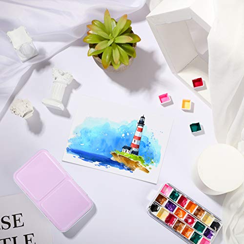 51 Pieces Watercolor Paint Palette and Half Pans Set Watercolor Tin Box Metal Palette Paint Case with Lid Empty Watercolor Pans with Black Storage Bag for Travel Painting Artist (Pink)