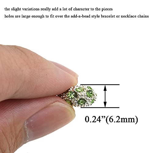Hahiyo 11mm Diameter Rhinestone European Beads Stunning Shine Unique Characteristics Large Holes Easy Apply Reuseable Quality Alloy Light Green 25 Pieces for Snake Chain Earrings Bracelet NEC Spacer