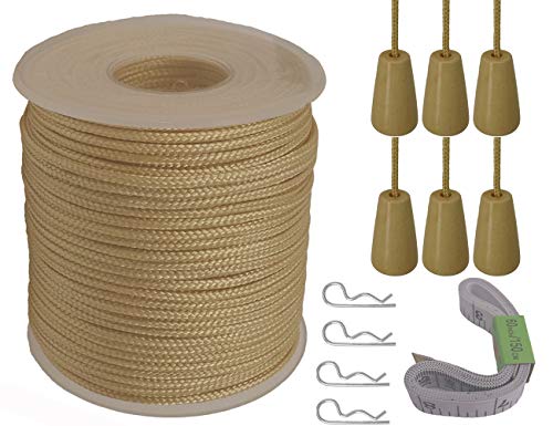 Y-Axis Roll of 60 Yards 2.0mm Light Gold Braided Nylon Lift Shade Cord with 6 Pack White Wood Cord Knobs + Soft Tape