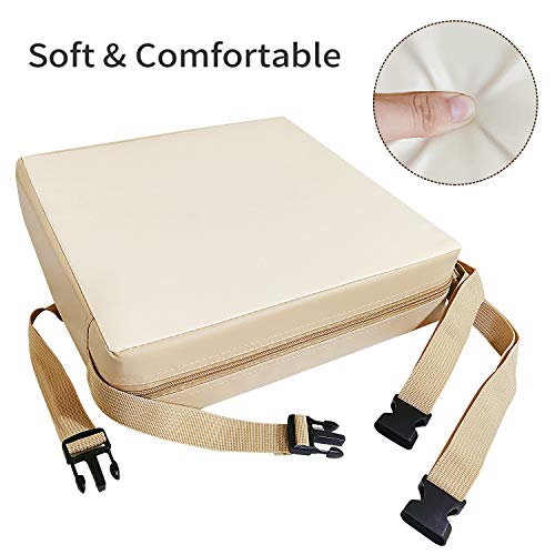 Toddler Booster Seat Dining, Washable 2 Straps Safety Buckle Kids Booster Seat for Dining Table, Portable Travel Increasing Cushion (Beige-PU)