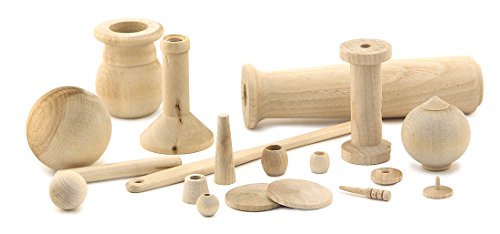 Hygloss 95010 Unfinished Wood Turning, Assorted Craft Shapes with Pegs, Bead, Tacks, Sticks, Balls, Discs, Spools, 1 lb., Natural