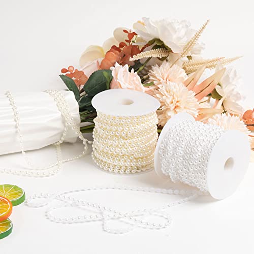 EOPER 6mm Pearl Beads Garland Spool Rope 82ft Half Round Pearl Bead Trim Spool Cotton Line Chain String for Wedding Christmas Party Decoration DIY Crafts ( White )