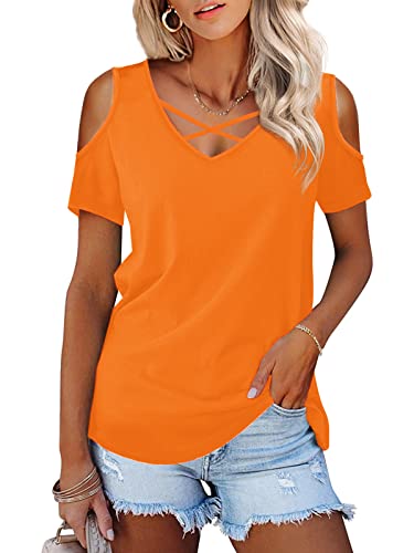 Amoretu Women's Casual Blouse V Neck Flowy Basic Cutout Tunic Tops, Orange L