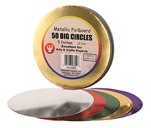 Hygloss Products 50 metallic circles 5" Foil Board Circles-50 Pcs, red green blue gold silver