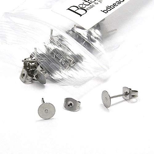20 Hypo-Allergenic 304 Grade Stainless Surgical Steel Flat Pad Setting Earring Findings with Backs (6mm Pad)